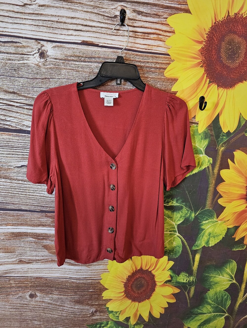 Zara Brick Red Button-Front V-Neck Short Sleeve Blouse